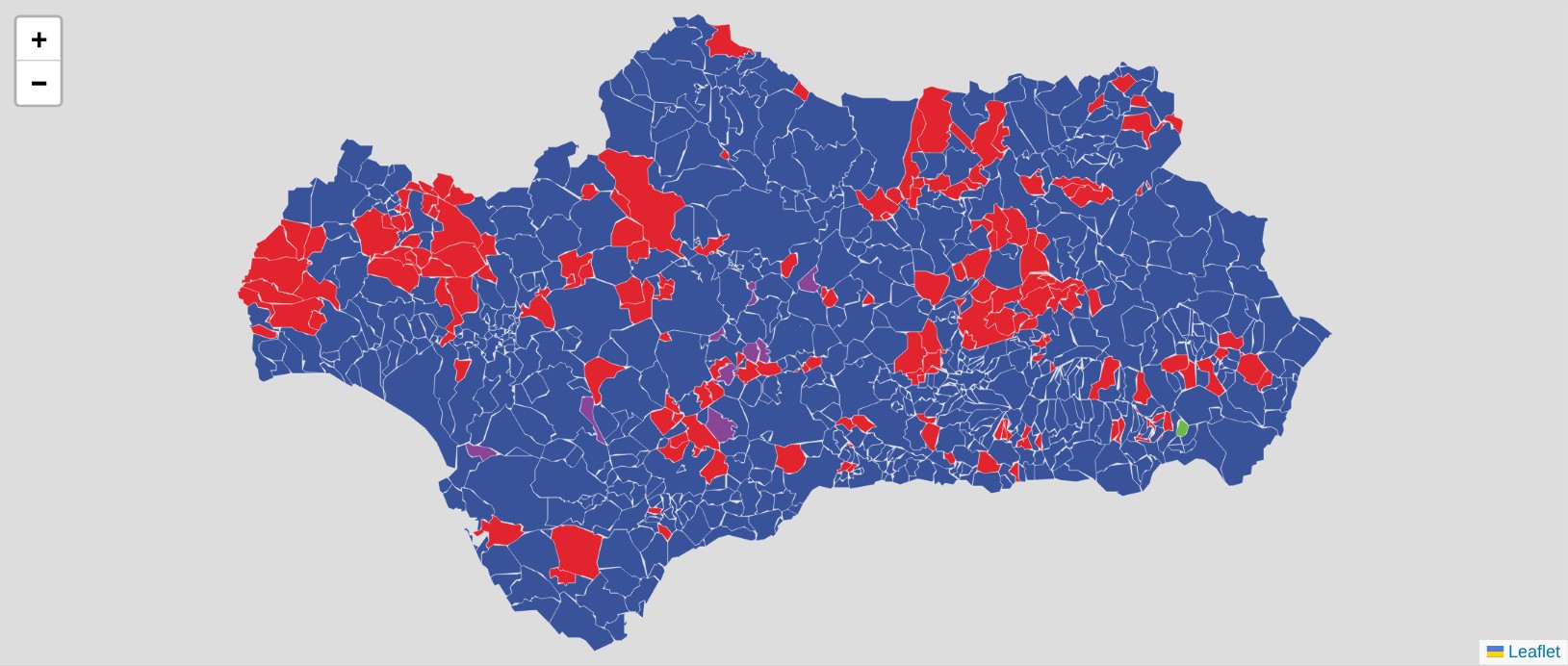Mapa del partido ganador en los municipios de Andalucía en 2026, publicado en el artículo.