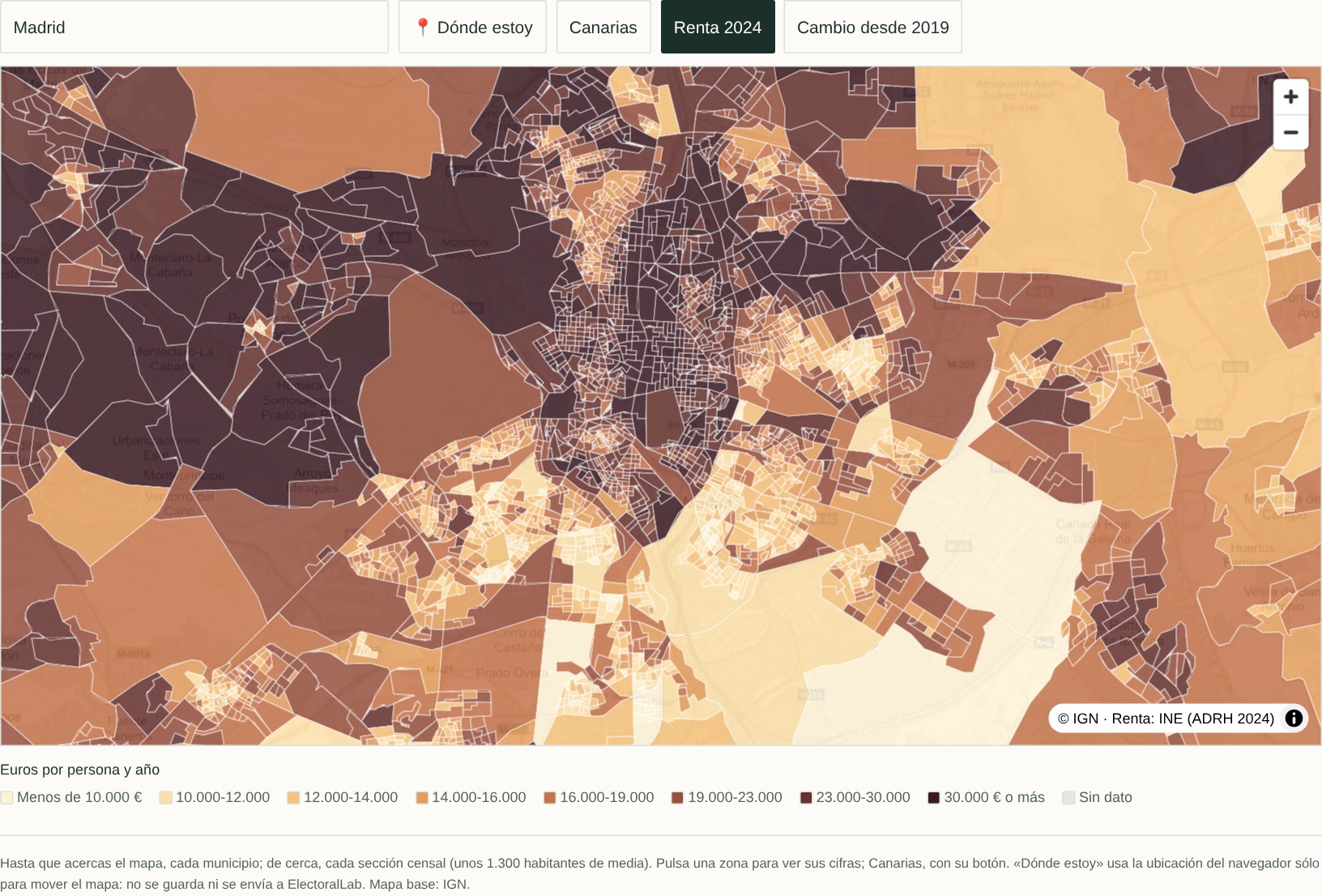 Detalle del mapa de renta por sección censal en Madrid, con datos de 2024 y su leyenda.